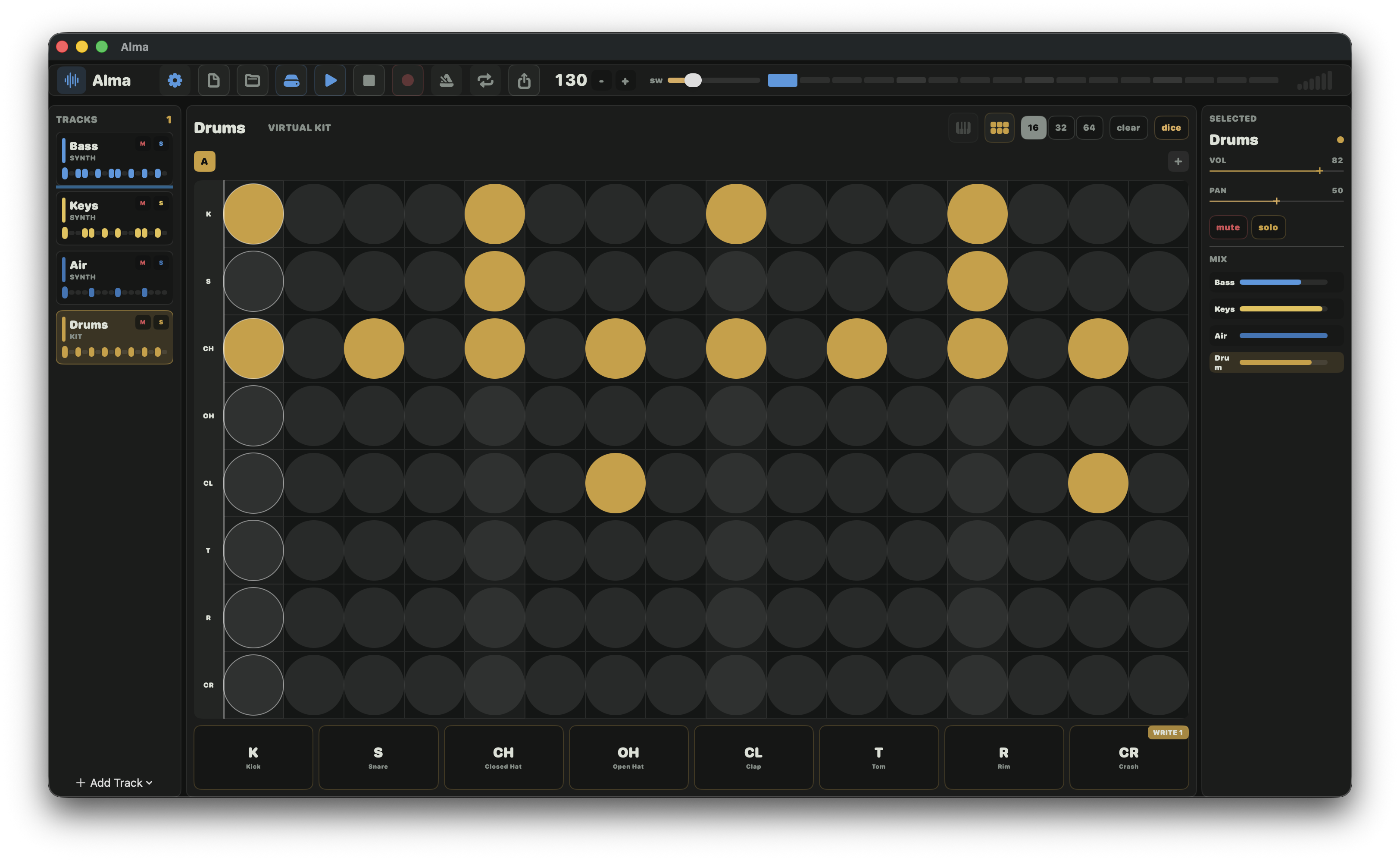 Alma DAW for Mac drum view